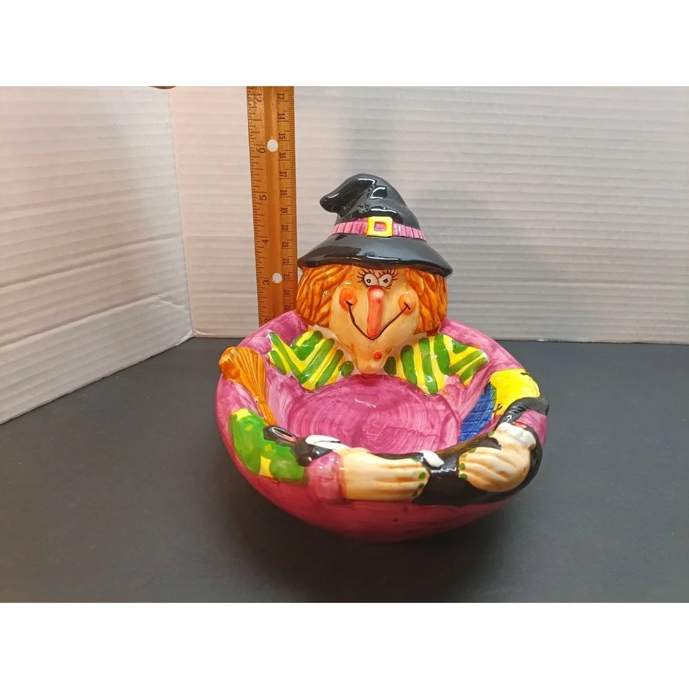 Vtg WCL Halloween Ceramic Witch Broom Black Cat Candy Bowl